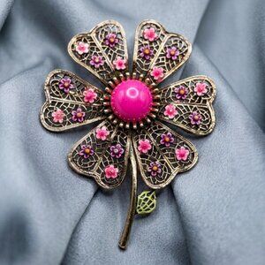 ART Pink Flower Brooch Filigree Floral Vintage Gold Tone 3"